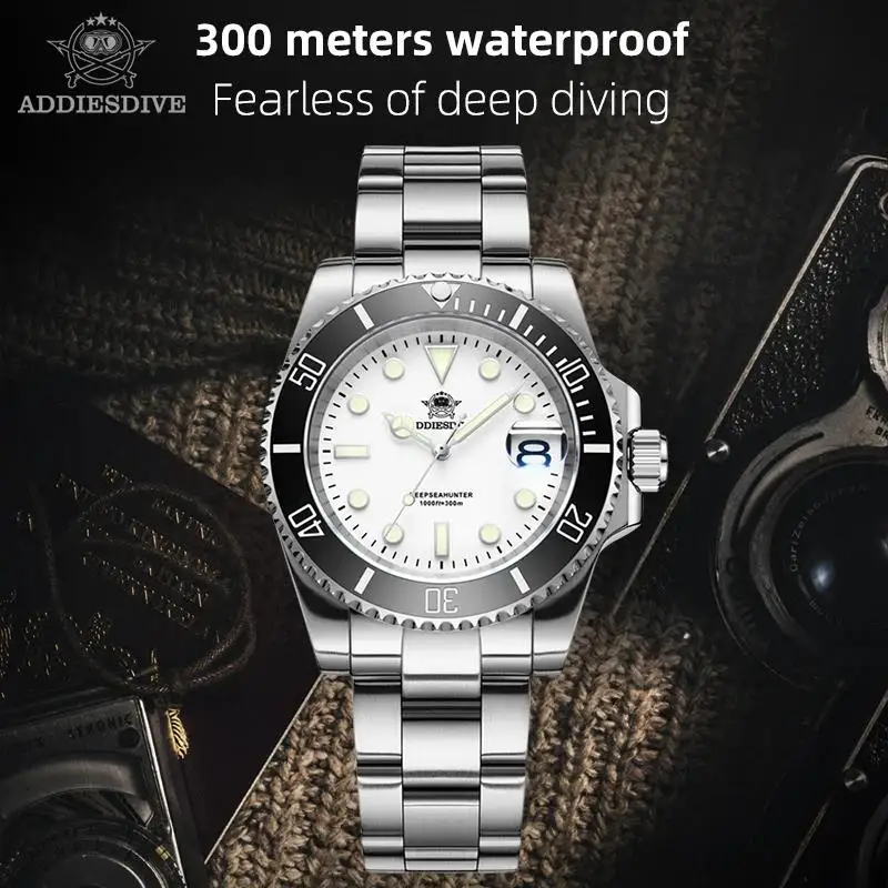 

ADDIESDIVE New Quartz Watch 316L Stainless Steel Blue luminous 30Bar часы мужские наручные Waterproof reloj hombre Men Watches