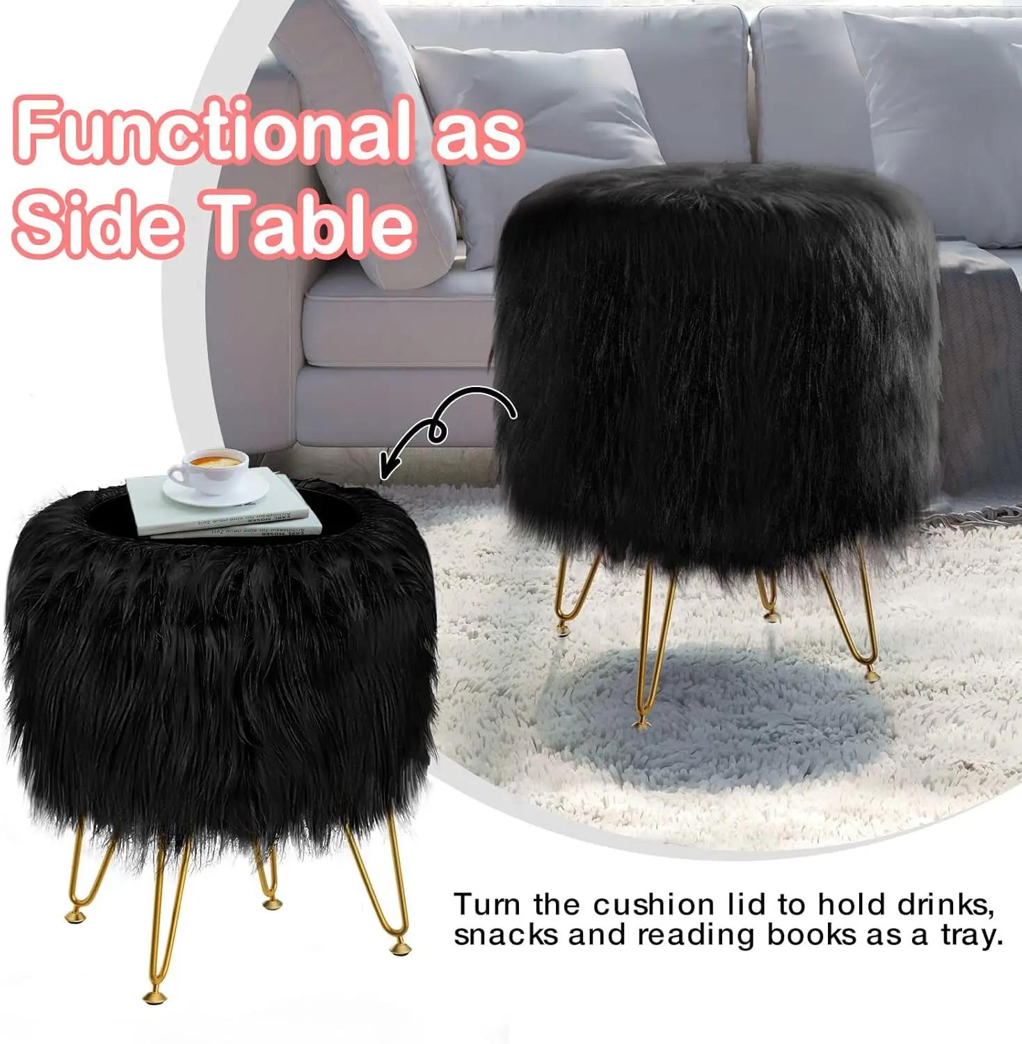 

Greenstell Vanity Stool Chair With Storage, 13.5"" W X 18"" H Round Faux Fur Ottoman With 4 Metal Legs, Furry Padded Seat,