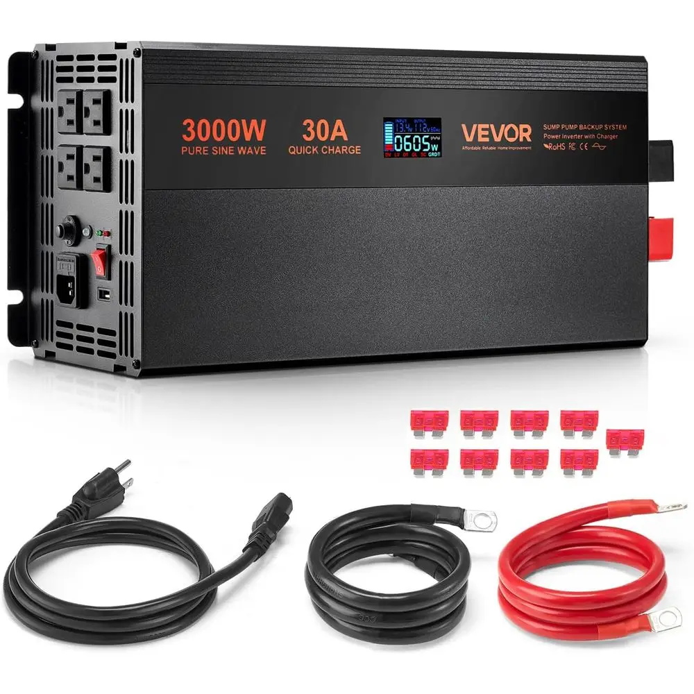 

Sump Pump Battery Backup System, 3000W, Auto Switches to Battery Inverter or Continuous Sump Pump Operation, e Sine Wave, LCD Di