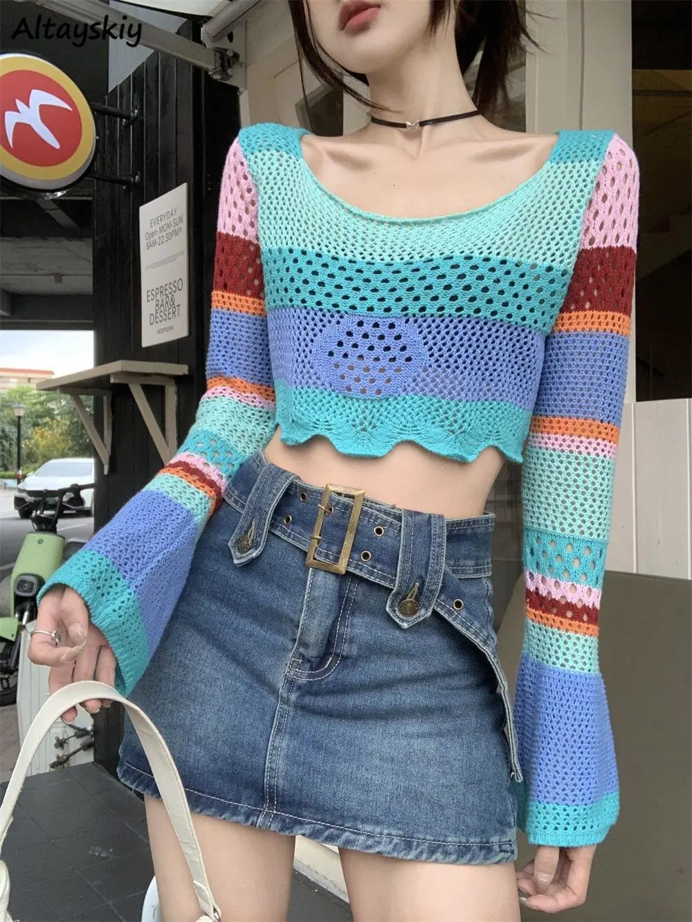 

Y2k Striped Pullovers Cropped Ulzzang Girlish Preppy Sweet Hollow Out Chic Vintage Dopamine Style Flare Sleeve Panelled Designed