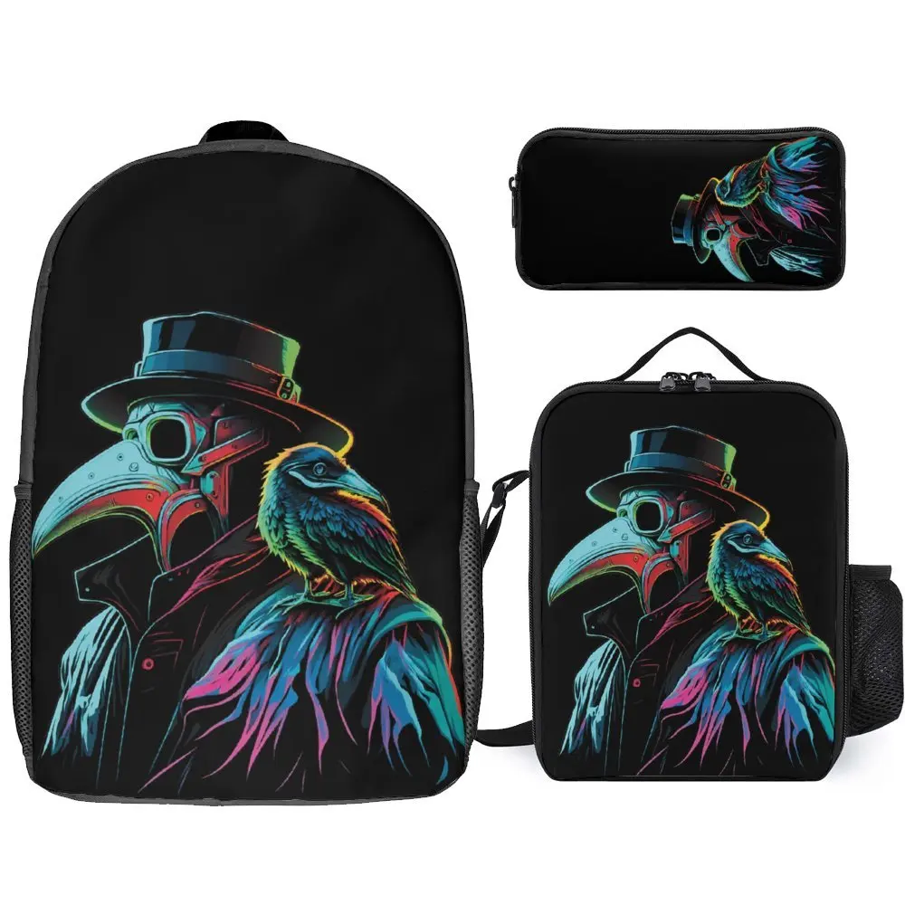 3 in 1 Set 17 Inch Backpack Lunch Bag Pen Bag Synthwave Raven Skull Demon Slayer 7 Secure Premium Snug Schools Blanket Roll