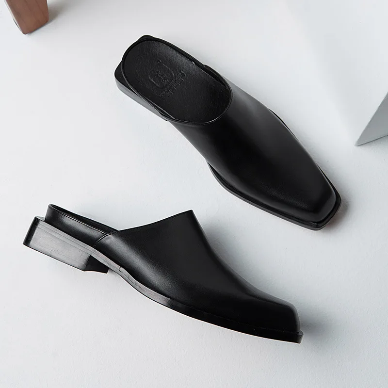 Summer Men Shoes Genuine Leather Slippers Casual Square Toe Slip-On Slides Handmade Mens Mules Shoes Trendy Quality Flip Flops