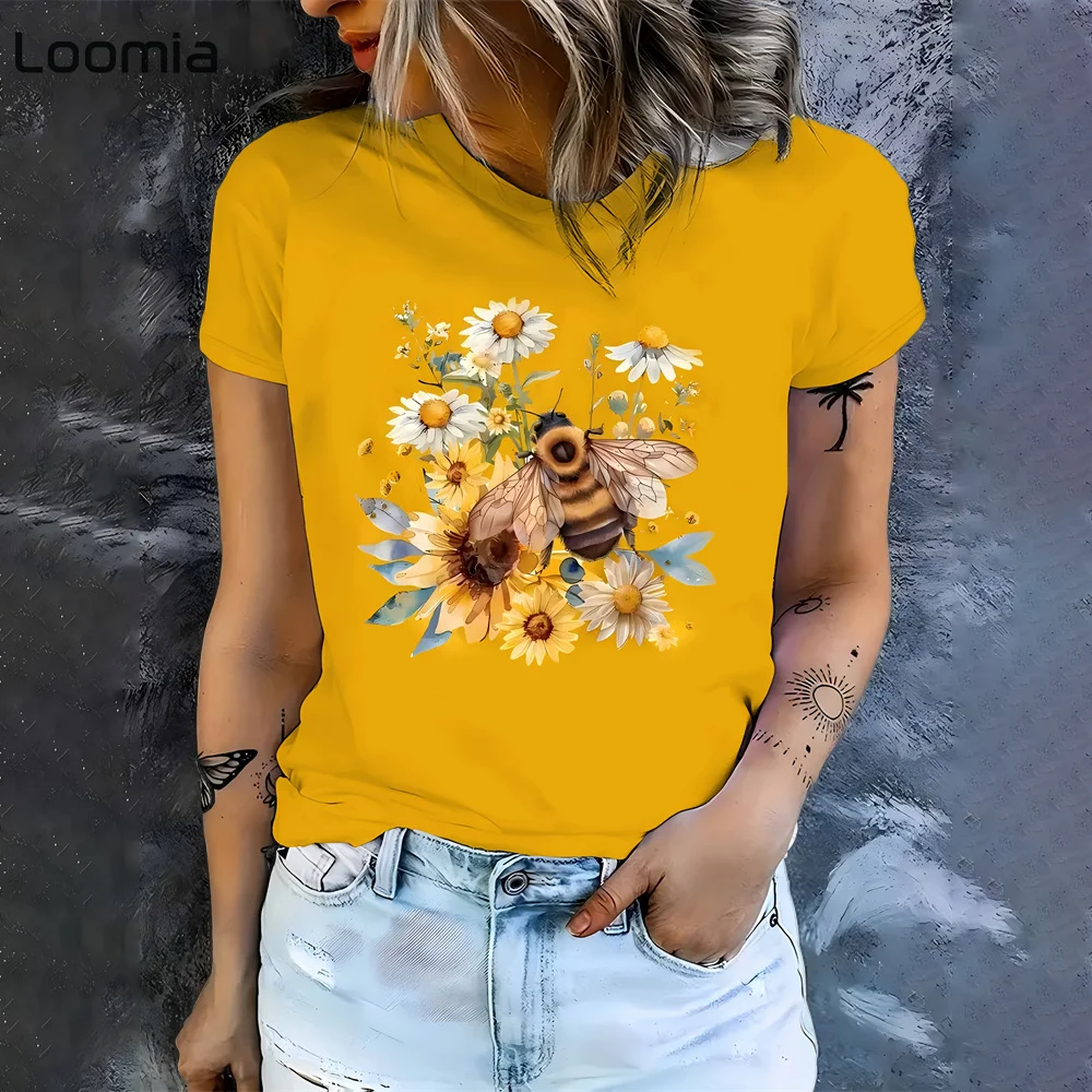 

New T-Shirt with Bee and Flower Pattern Summer Woman Clothing Simple Graphic T Shirts Quick-Drying O-Neck Women's T-Shirt Tops