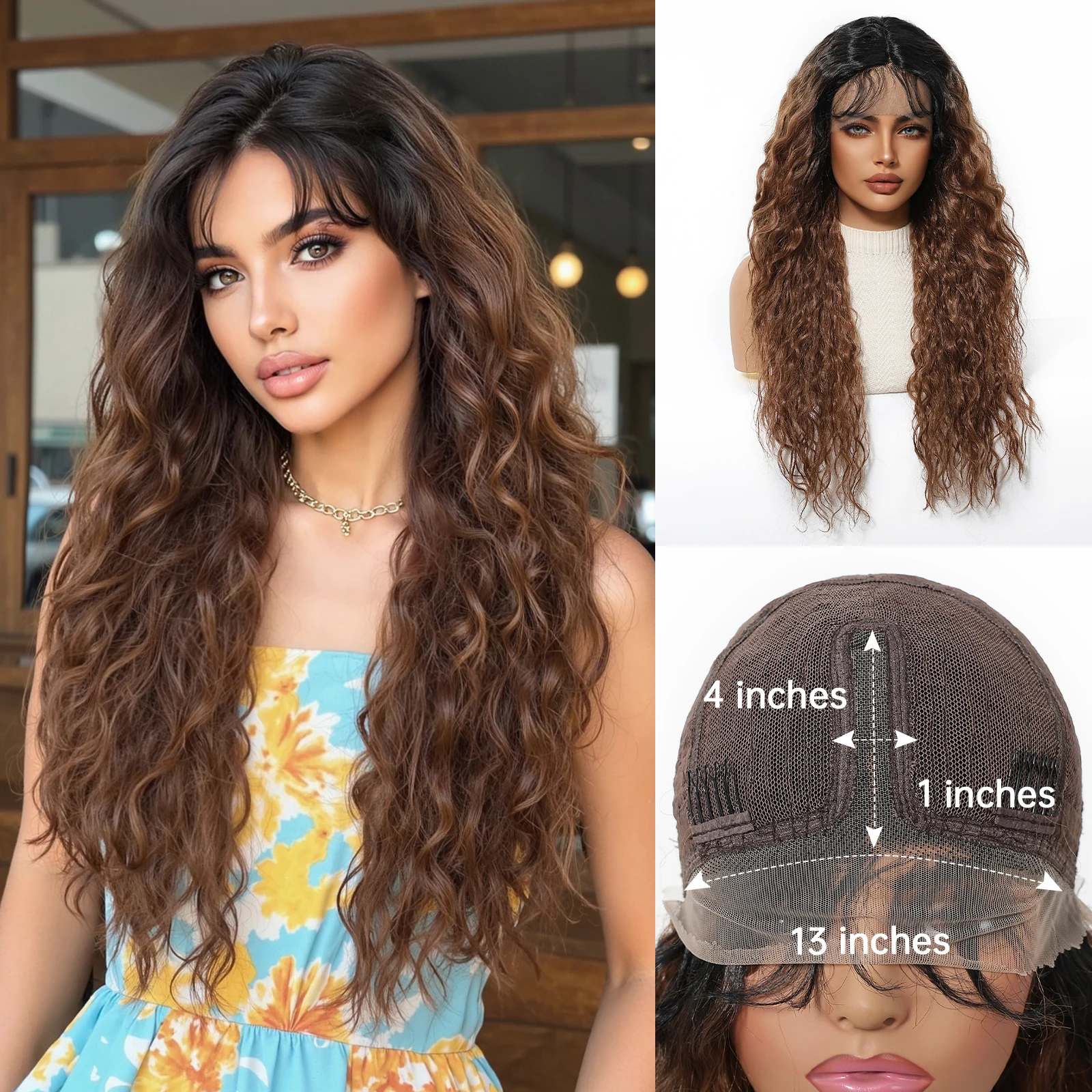 

EASIHAIR Синтетический парик фронта шнурка Коричневые вьющиеся парики с темными корнями Длинные глубокие волны Натуральные волосы 13*4*1 Парик шнурка Ежедневные волосы для вечеринок