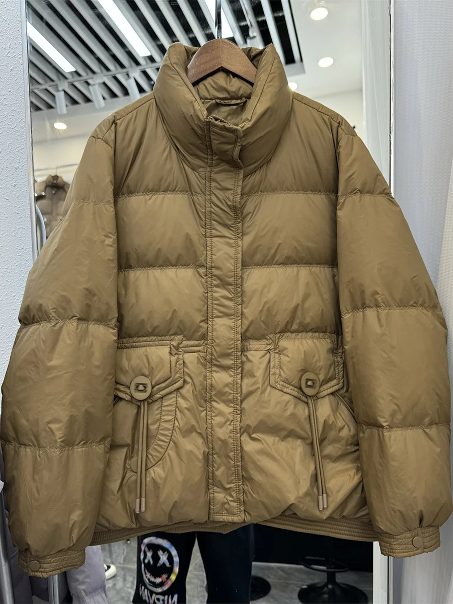 

Модная белая короткая пуховая куртка для женщин, осенне-зимняя, в корейском стиле, с воротником-стойкой, теплая верхняя одежда для повседневной носки