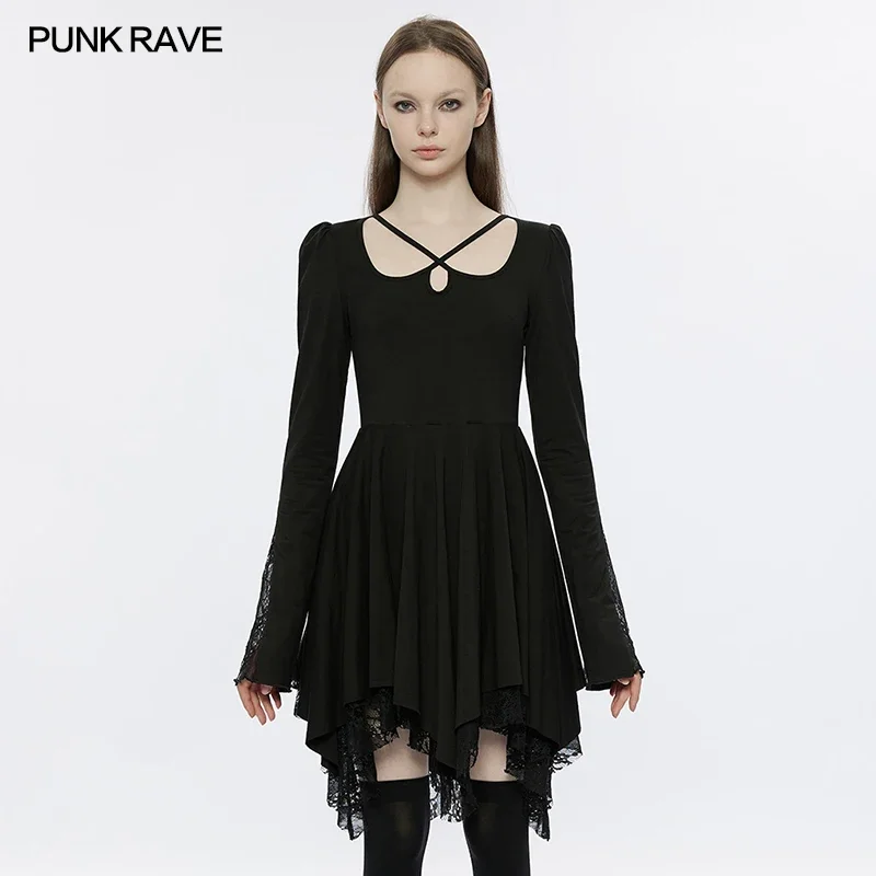 

PUNK RAVE Women's Gothic Asymmetric Pointed Hem "U" Neckline Dress Daily Split Waist Lace Stripe Flare Sleeve Black Dresses