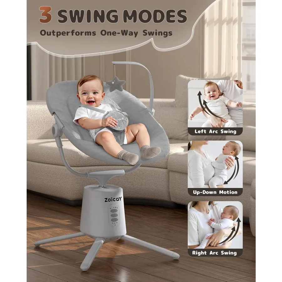 Lichtgewicht babyschommel voor baby's met 3 modi, 5 snelheden, BT-compatibele app, afstandsbediening, elektrische schommel, 6 slaapliedjes en 3 T