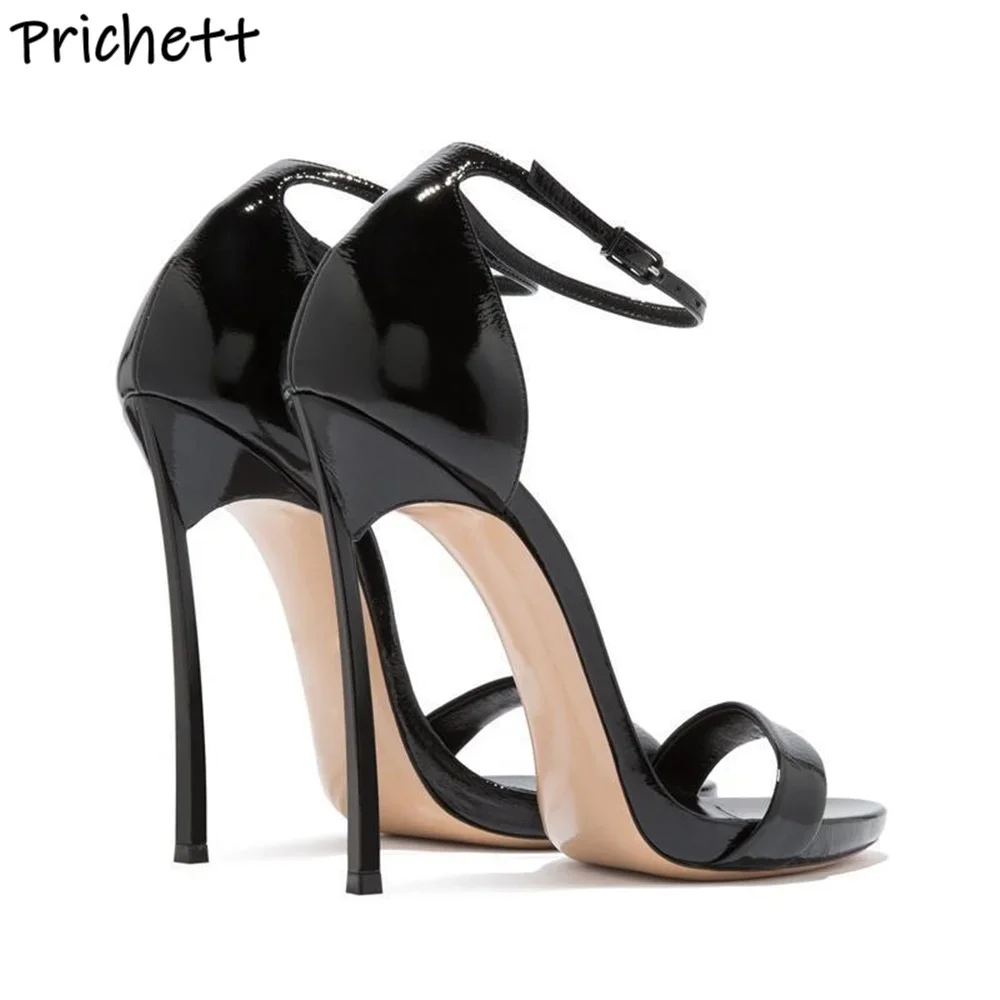 12 Cm Strange Style Heels Sandals Ankle Band Black Straight Strap Patent Leather Shoes Women's Concise Party Fashion Shoes