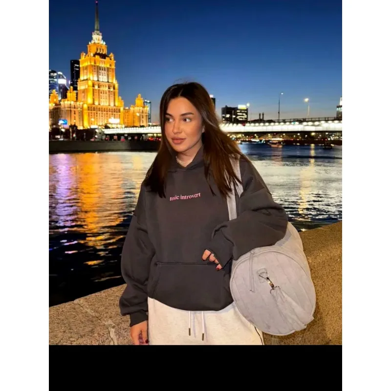 Felpa con cappuccio calda personalizzata da donna con stampa retrò americana semplice autunno inverno retrò più ispessimento in velluto nuovo stile