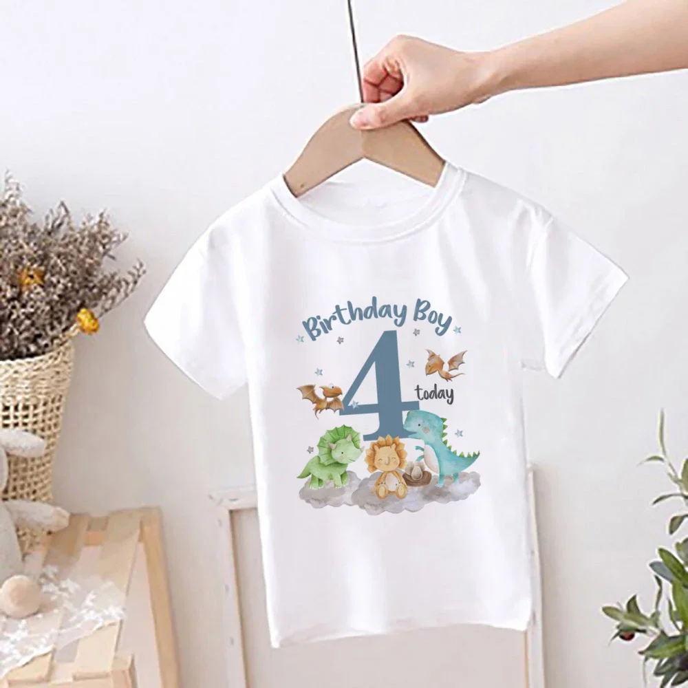 Kids Dinosaur Printed Birthday Cotton T-shirt 1-12 Number Birthday Clothes Tops Boys Dino Theme Party Child Short Sleeve Shirt