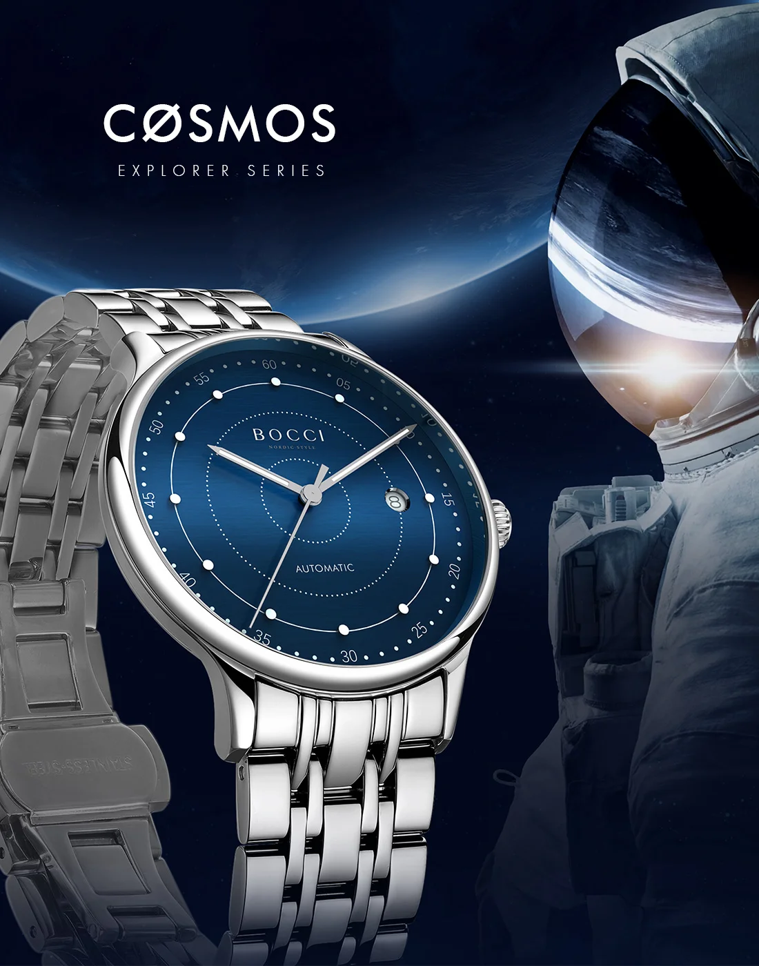 BOCCI 本物のメンズ自動巻き機械式腕時計、防水夜光ステンレスビジネス腕時計、プレミアム