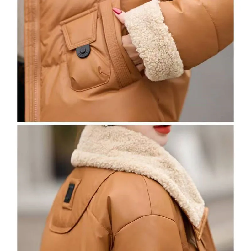 Spliced ​​Lamb Hair Pu 스킨 다운 코튼 자켓 여성 겨울 캐주얼 All-Match Thicken Warm Cotton-Padded Parkas 여성 오버 코트
