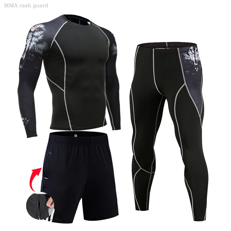 Traje deportivo de compresión para hombre, ropa interior térmica para correr, Camiseta larga para gimnasio, Leggings, pantalones cortos, MMA rashgard