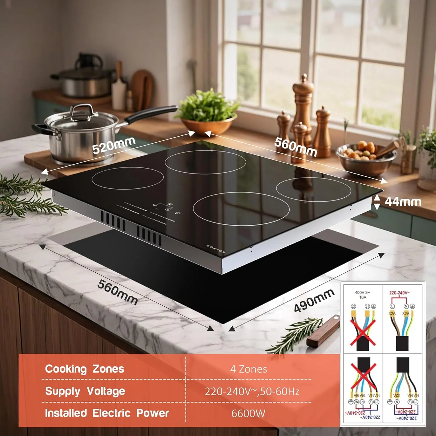 เตาเซรามิก Noxton 4 โซนไฟฟ้าในตัว 60 ซม., ควบคุมสไลด์ส่วนบุคคล, สายแข็ง, ล็อคปลอดภัย, ตัวจับเวลา 99 นาที, 6600 วัตต์, ไม่มีปลั๊ก