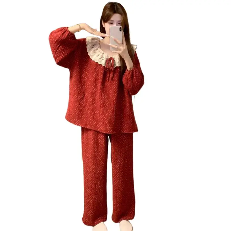 

Пижамные комплекты принцессы с кружевными краями для девочек, каваи, брюки с длинными рукавами, милая одежда для отдыха, весенне-осенняя одежда, подарок для девочек, новинка