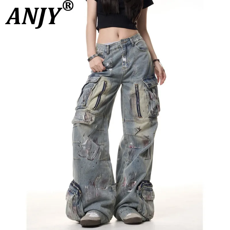 ANJY Herfst Winter Nieuwe Vrouwen Amerikaanse Mode Graffiti Multi-Pocket Wijde Pijpen Jeans Straat Gewassen Casual Cargo Denim broek A15075