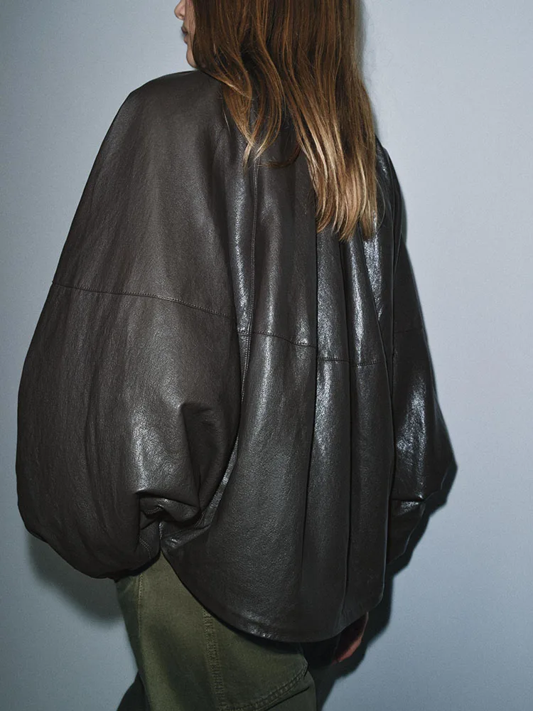 Faionable efecto cuero Jaet mujer Casual suelta ajuste invierno nueva llegada dulce versátil Sli ort prendas de vestir exteriores