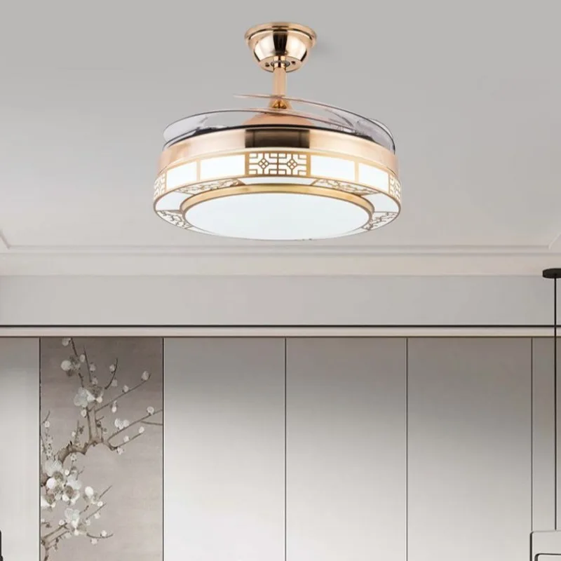 Novo estilo moderno ventilador de teto chinês com luzes sala jantar sala estar quarto ventilador elétrico luz pingente 48 polegadas 48w