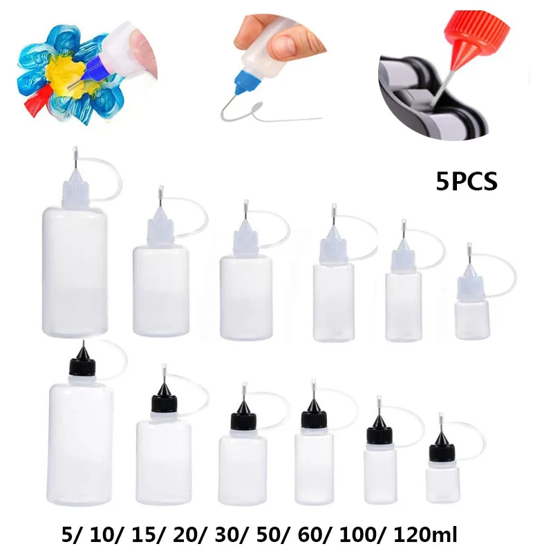 

5Pcs 5/10/20/30/50/100ML Resuable Needle Tip Glue Applicator Plastic Bottle for Paper Quilling DIY Scrapbooking Paper Craft Tool