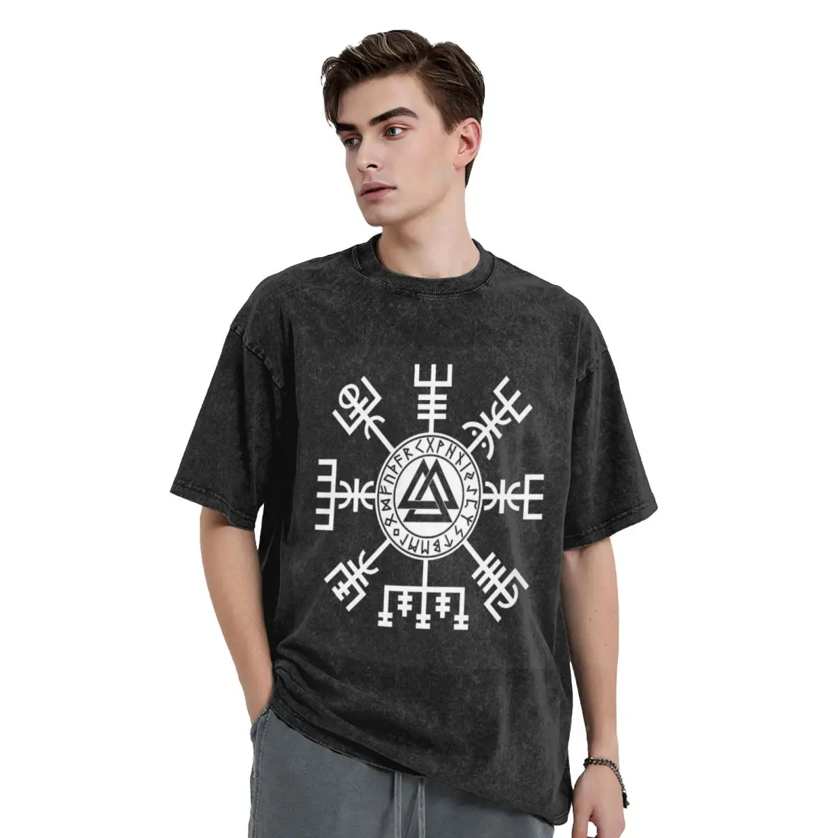 Viking Compass Vegvisir Valknut Symbol Runes Washed T Shirts Vintage Short Sleeve Hip Hop T-Shirt Streetwear Tops Tees