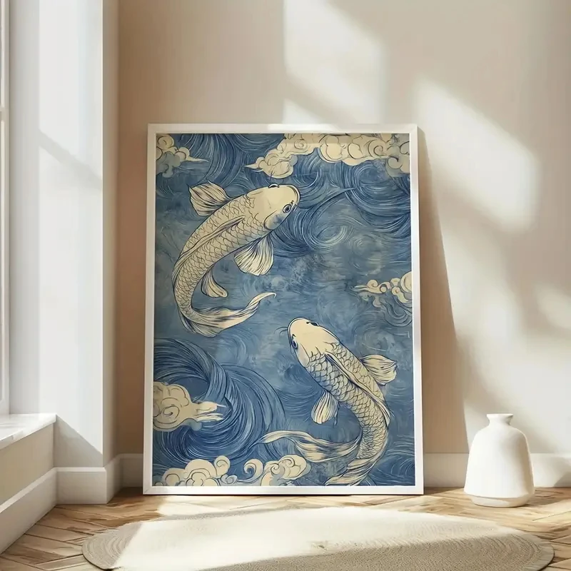 فن قماش كوي الياباني الأزرق القديم، ديكور جداري بسيط، تصميم موجة سحابة، ديكور منزلي جمالي حديث #3