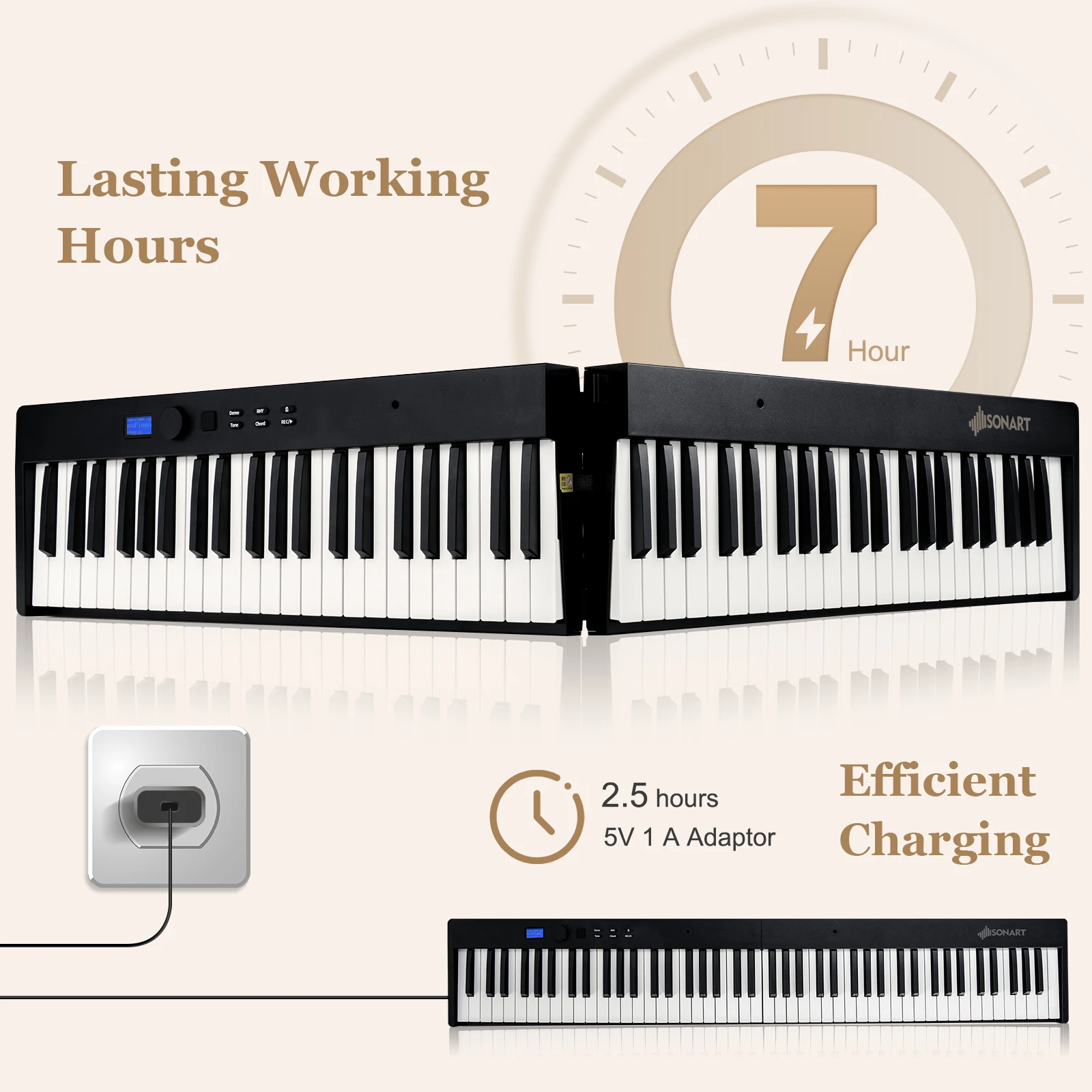 Sonart คีย์บอร์ดเปียโนไฟฟ้าพับได้88คีย์, กึ่งถ่วงน้ำหนักขนาดเต็ม MIDI สีดำ