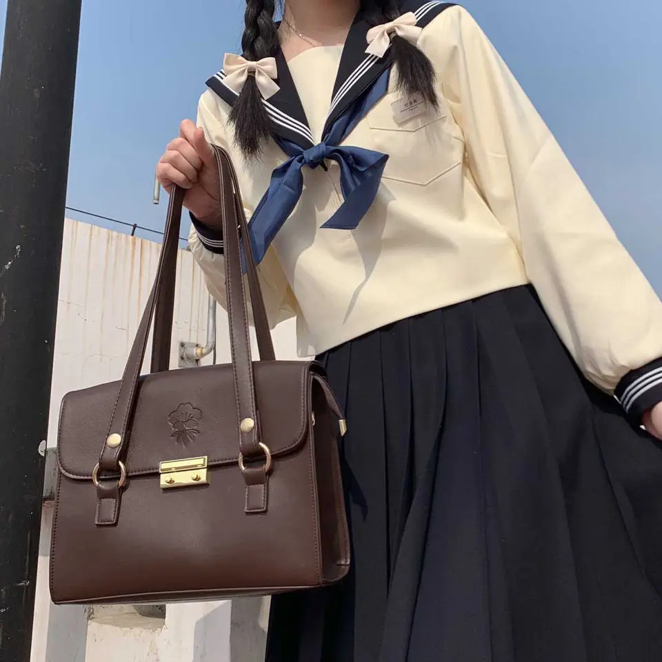 JIAERDI Japanese JK Handbag Women Preppy Style Uniform Leather Handle Schoolbag Shoulder Bags Female Harajuku Coffee Handbags