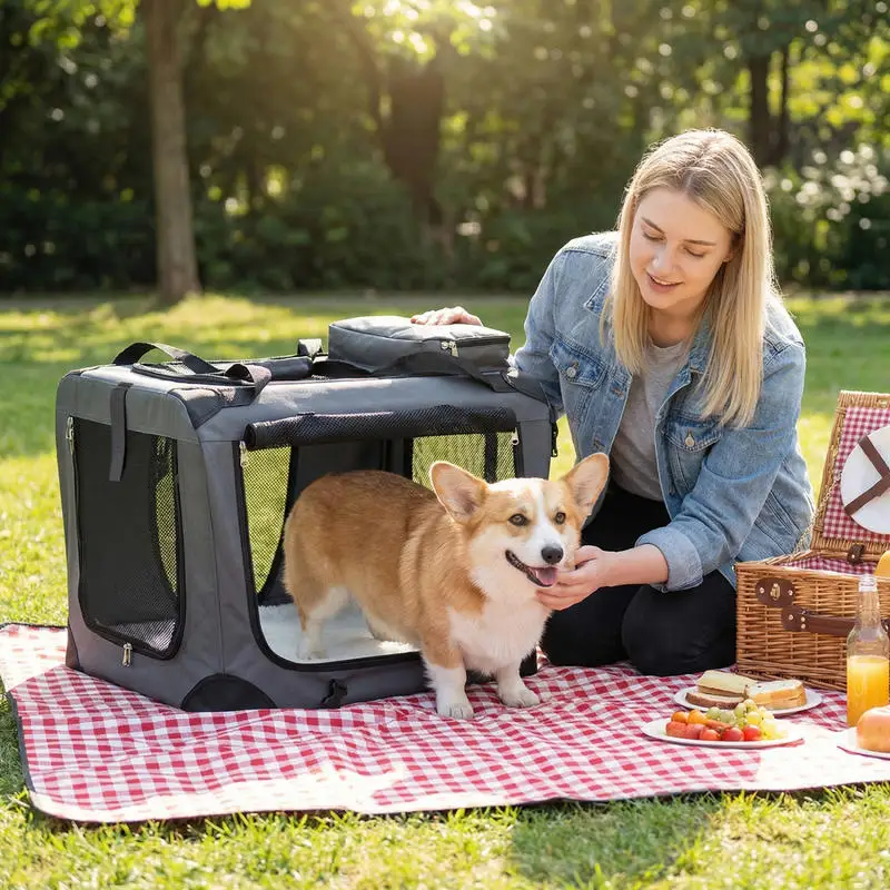 

Collapsible Soft Dog Crate Travel Crate with Mesh Windows and 3 Doors-S
