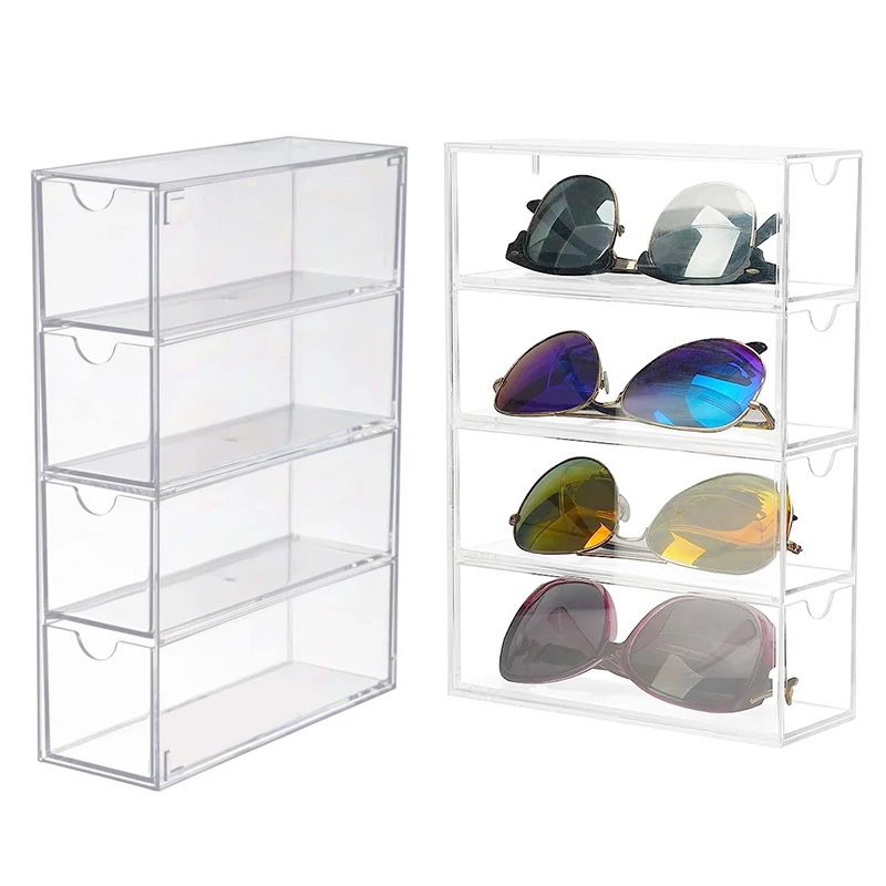 

4 Drawers Sunglasses Organizer, Acrylic Eyeglass Case Clear Eyeglass Holder Eyewear Display Case Make-up Jewelry Strong Tray