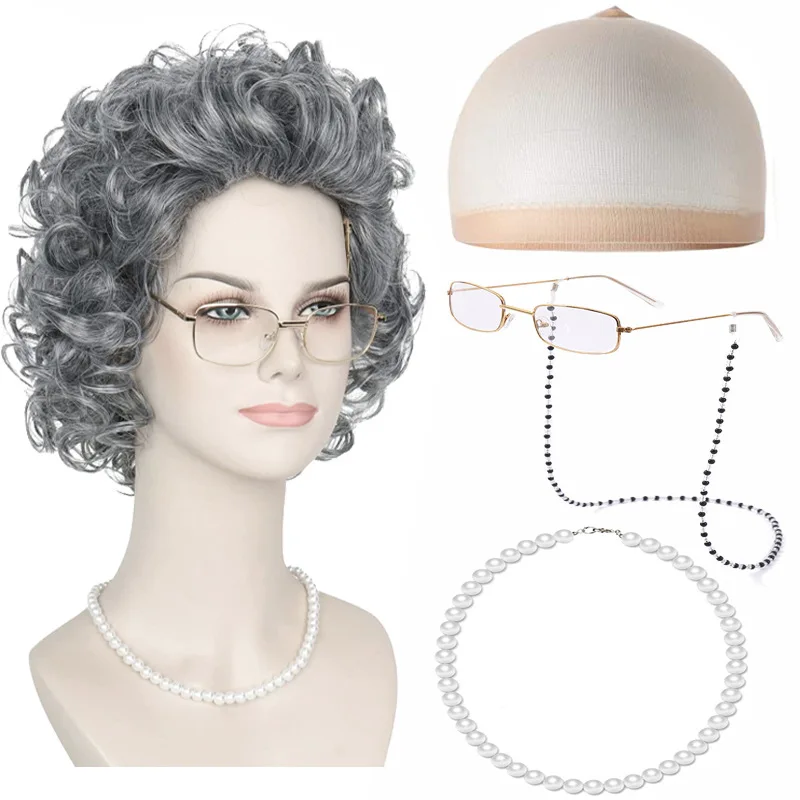 Hair Extensions Synthetic Cosplay Old Lady Woman Wigs Set Breathable Head Cover Performance Dress Up Grandma Wig Hat for Women