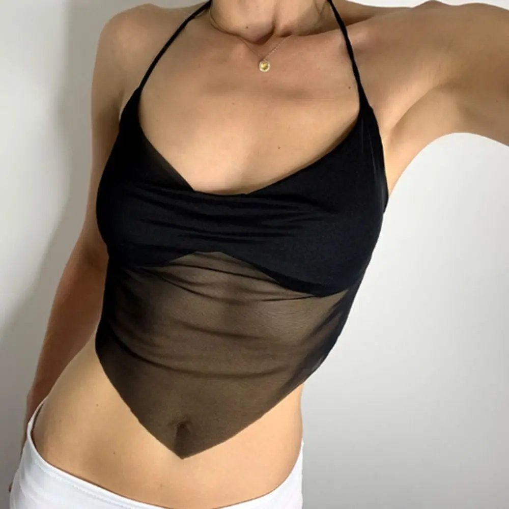 

Simplicity See Through Mesh Women's Vest Black White Anti-light Beautiful Back Underwear Pleated Backless Strap Camisole Summer