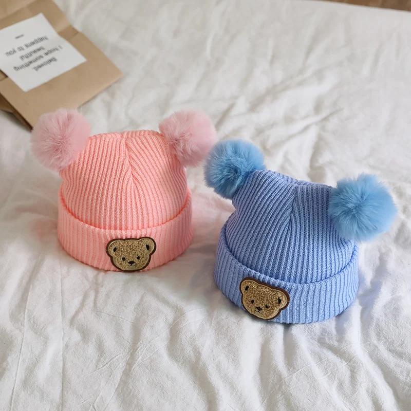 Winter Autum Children Baby Warm Knitted Hat With Pom Cute Bear Pattern Knit Beanie Cap for Infant Newborn Boys Girls Accessories