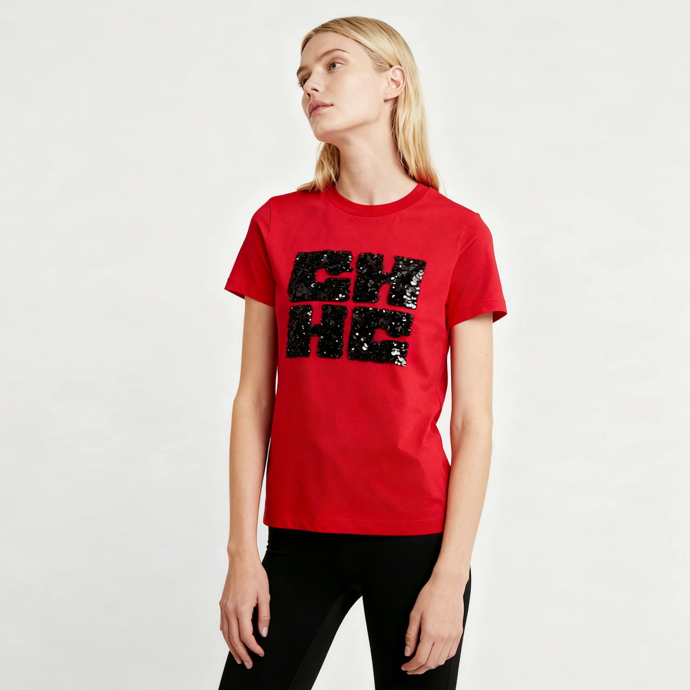 CHCH المرأة قصيرة الأكمام لؤلؤة التطريز تصميم عصري كلاسيكي أنثى قصيرة الأكمام مريحة عارضة السيدات قصيرة الأكمام