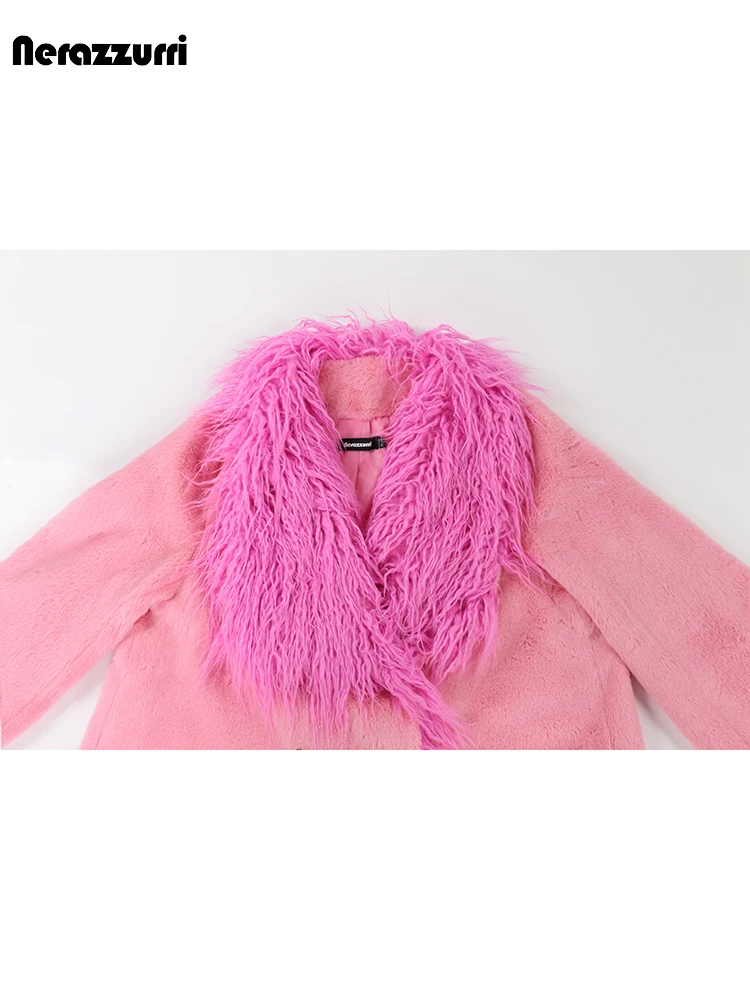 Nerazzurri Autumn Winter Long Thick Warm Pink Faux Fur Coat Women Double Breasted Loose Elegant Chic Luxury Furry Overcoat 2023