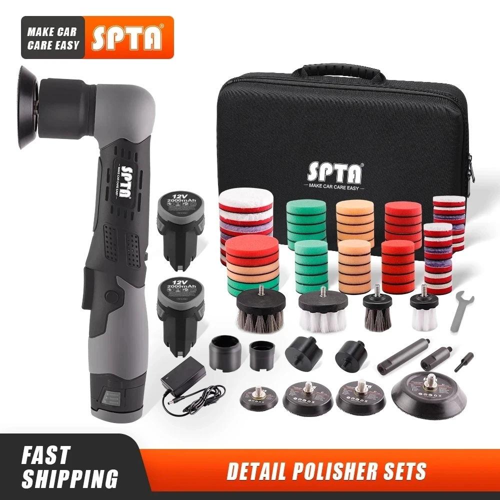 SPTA Cordless 12V Mini Car Polisher RO/DA Portable Handle Machine 1/2/3 Inch Pads Kit for Auto Detailing Waxing Polishing