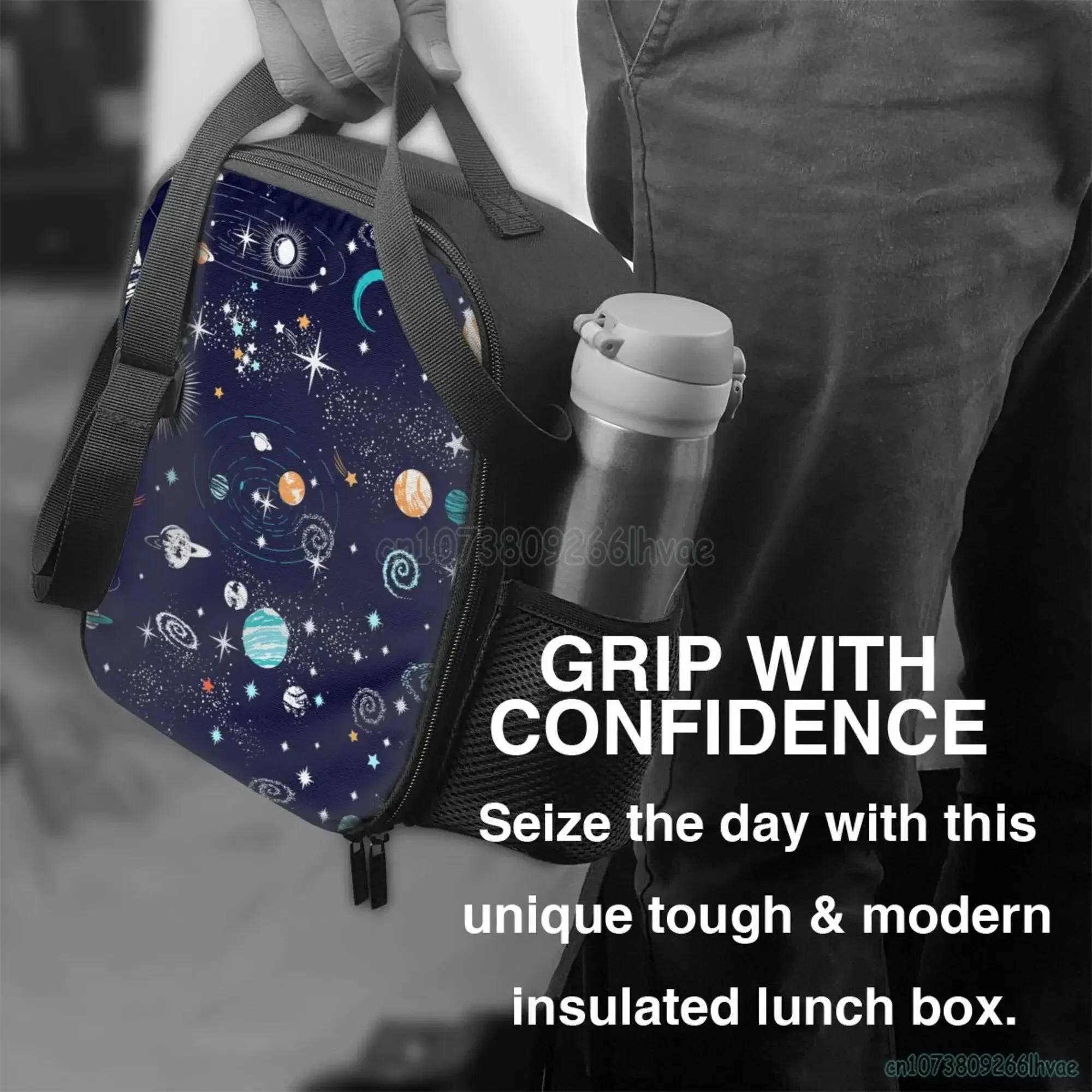 Space Planet fiambrera aislada Galaxy Cooler Tote, bolsa de almuerzo grande con correa ajustable para el hombro para niñas y niños, Picnic escolar