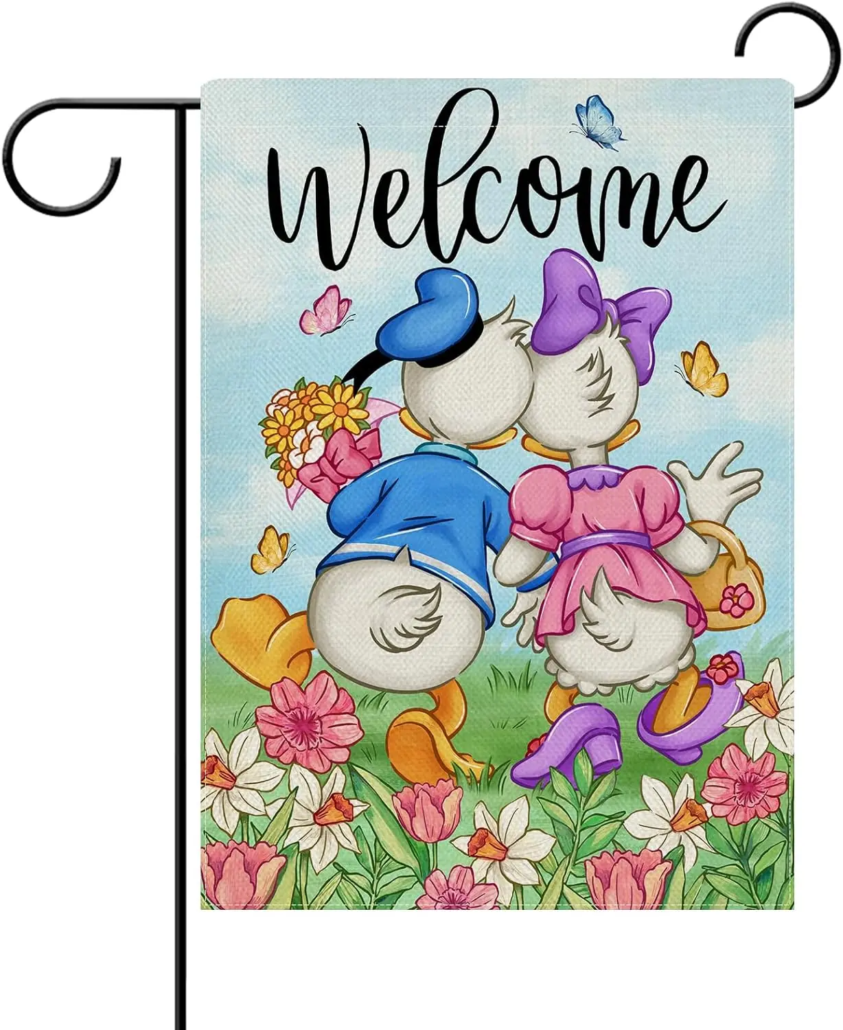 Dyrenson Welcome Spring Summer Cartoon Duck Decorative Garden Flag, Daffodil Daisy Floral Flower Butterfly Yard Outside Home LLG