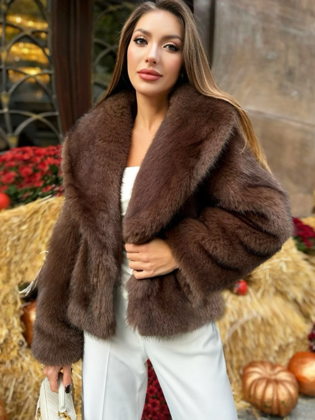 

Faux Fur Jackets Coats Womens Wild Slouchy Party Wife Vintage Flocking Collar Knee-Length All-Match Casual Warm Pockets Cute Ins