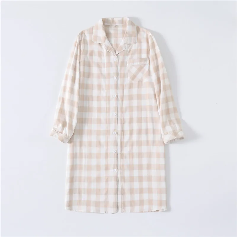 Spring Autumn Nightdress New 100% Cotton Double-layer Gauze Nightgowns Women's Plaid Long Sleeve Home Wear Sleeping Night Dress