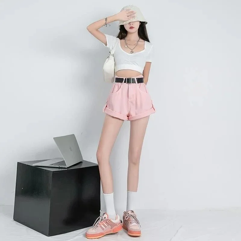 Gaodinglan Fashion Summer New Loose Wide Leg High Waist Women Shorts Edge Curl A Line Solid Denim Shorts Sexy Mini Hot Pants