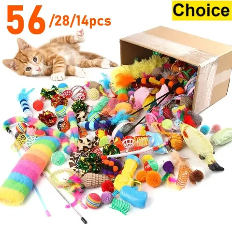Pacote Misturado de Brinquedos para Gatos com 56 peças/28 peças/14 peças. Uma combinação de vários brinquedos de plástico e brinquedos de pelúcia, adequados para vários gatos brincarem.
