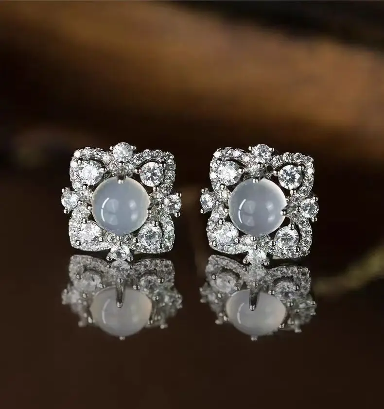 High-quality 925 Silver Natural Ice Seed Chalcedony Earrings For Women Translucent Luxury Artistic Flower Earings Fine Jewelry