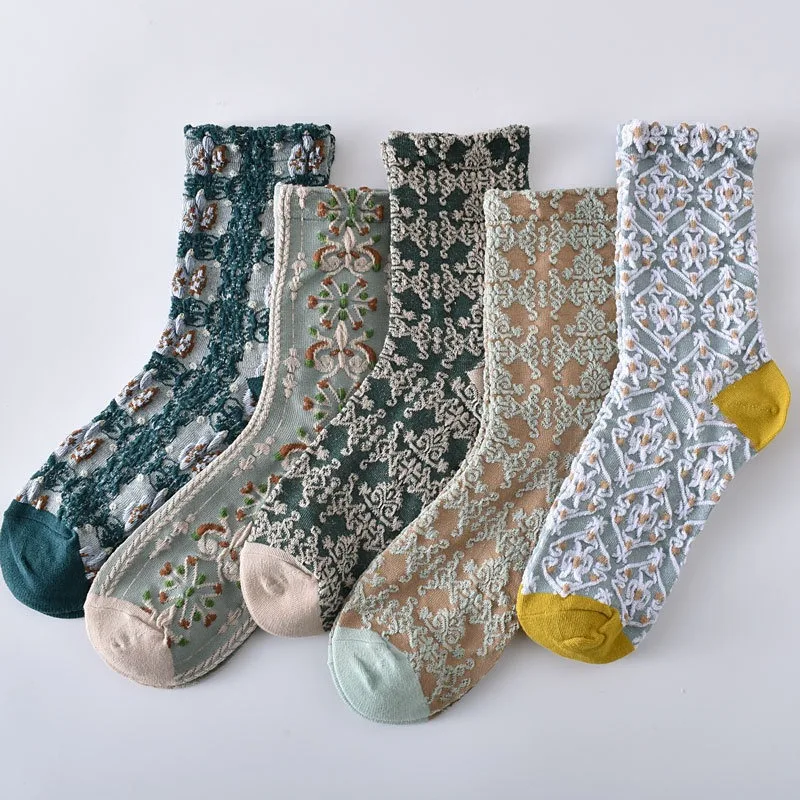 5/10 Pairs Women Retro Printed Mid Tube Socks Flower Patterns Sweat Wicking Breathable Soft Comfortable Sports Leisure Socks﻿