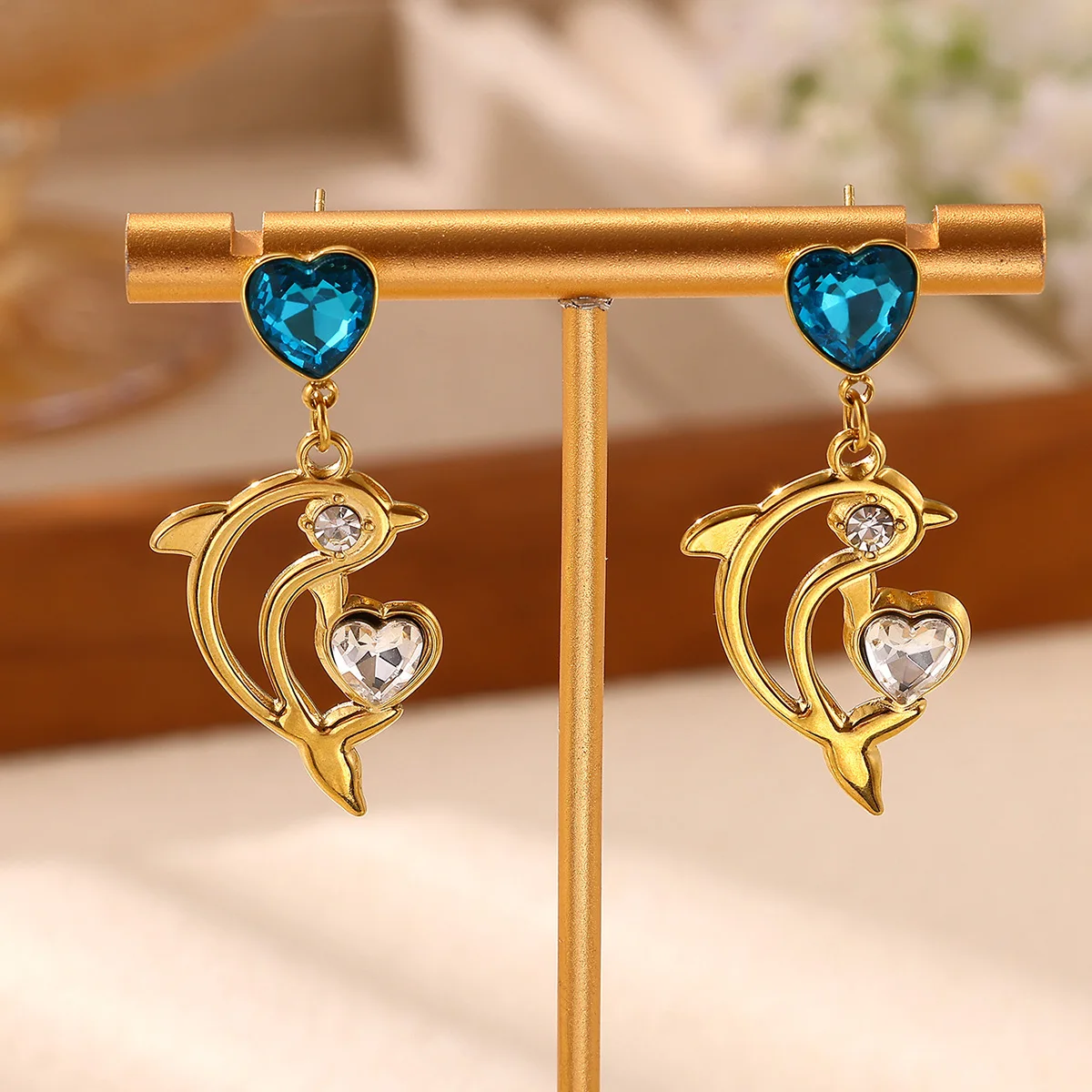 Bohemian Hollow Dolphin Heart Crystal Earrings For Women Gold Color Stainless Steel Drop Earrings Party Daily Wear Jewelry