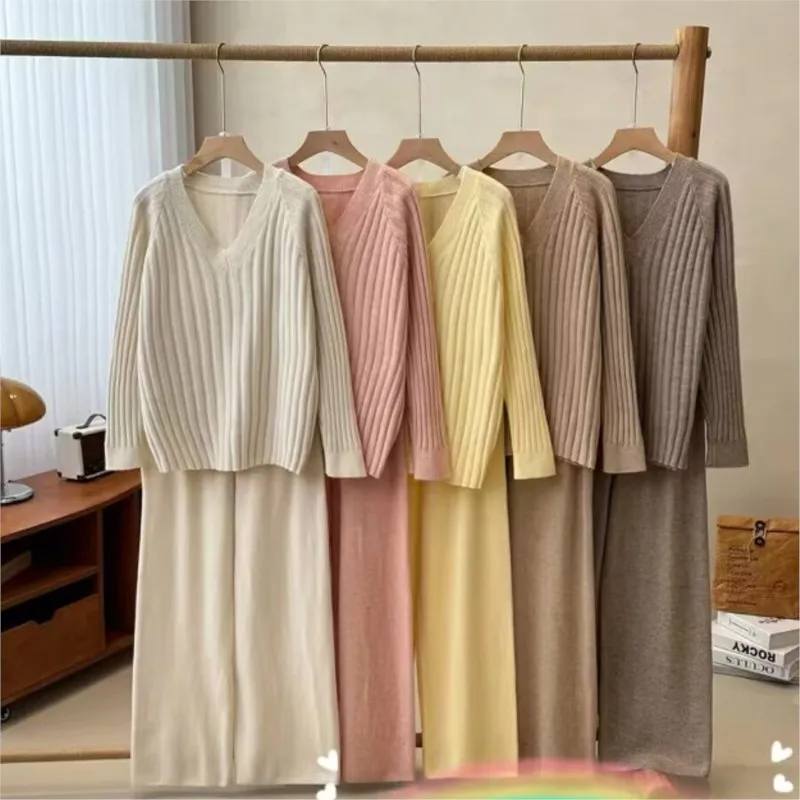 2025 casual duas peças roupa mulher 2 peças set it novo em conjuntos de correspondência de malha pulôver calças cor sólida confortável deslocamento