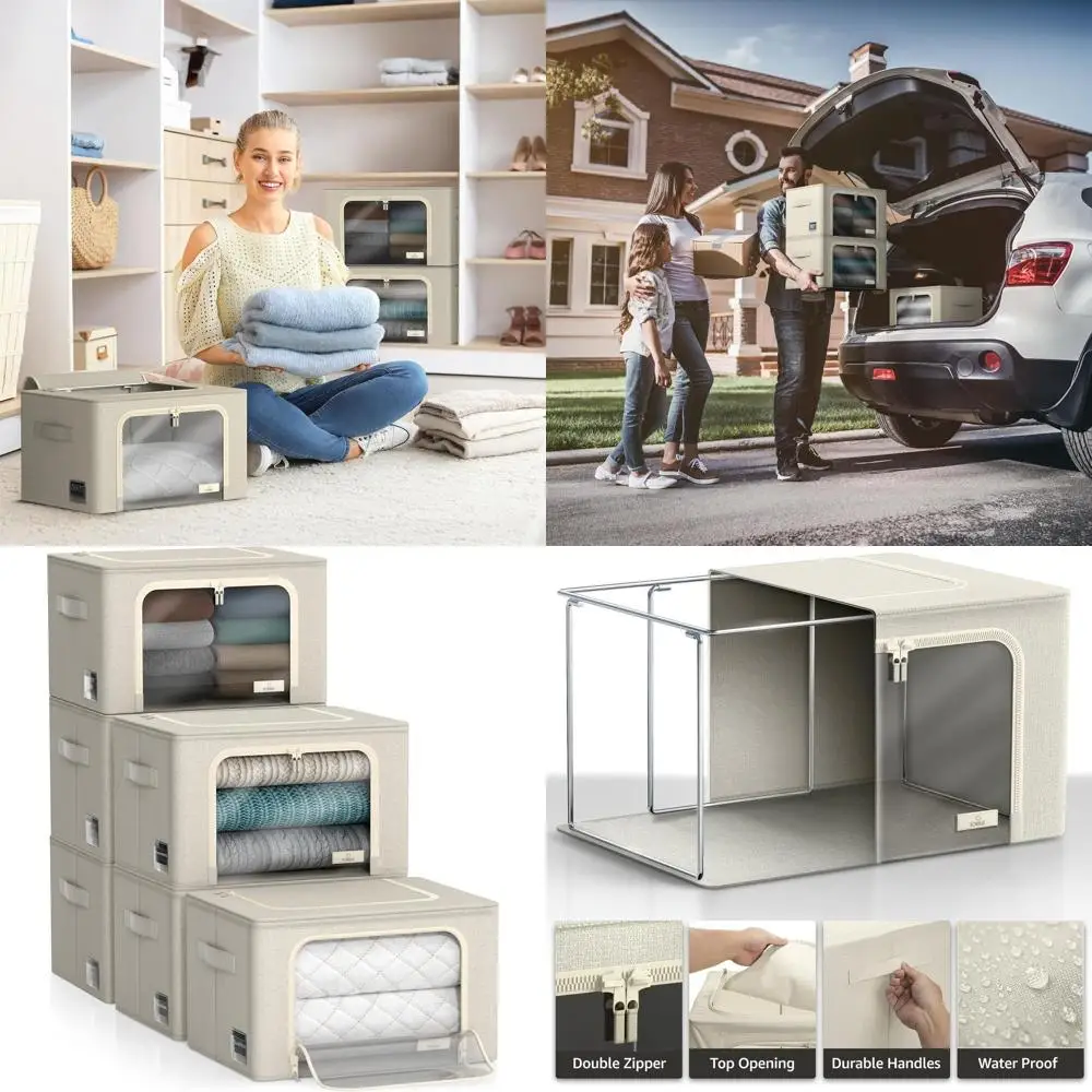 

Metal Stackable Fabric Storage Bins with Clear View & Handles for Clothes, Linen, and Bedding Organization