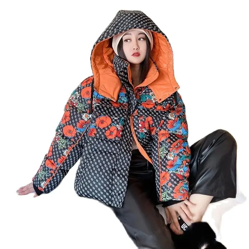 New Down Cotton-Padded Jacket Printed Hooded Thickened Loose Warm Padded Jacket Female Winter Flower Cotton-Padded Jacket