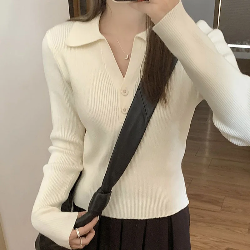 

Women Clothing Knitted Sweater Women Pullovers New Long Sleeve Knitwears Turn Down Collar Knit Sweater Pullover Women Tops Q3358