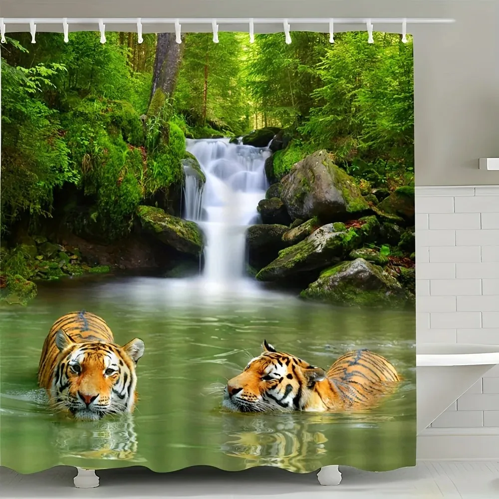 Summer Forest Waterfall Tiger Shower Curtain Greenery Nature Landscape Bathroom Decor Fabric Panel with Hooks Washable