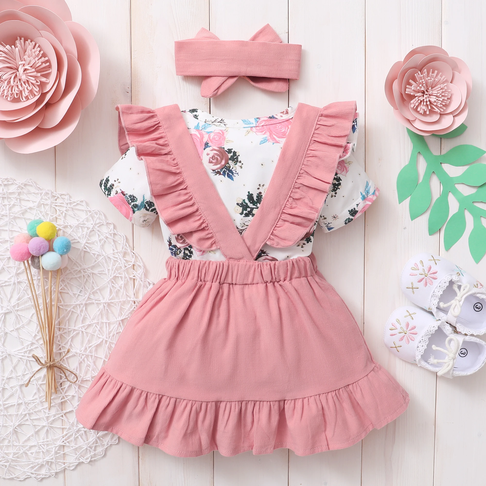 3-24 Months Newborn Baby Girl Dress Baby Princess Dress Short Sleeves Floral Bodysuit + Suspender Skirt + Headband 3PCS Outfit